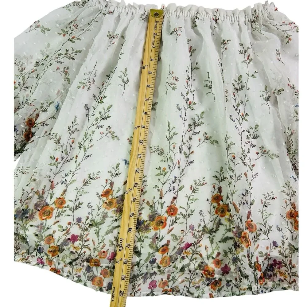 Orchid Haze Floral Off Shoulder Top Sheer Swiss Dot Puff Sleeve White Size S - Picture 2 of 6